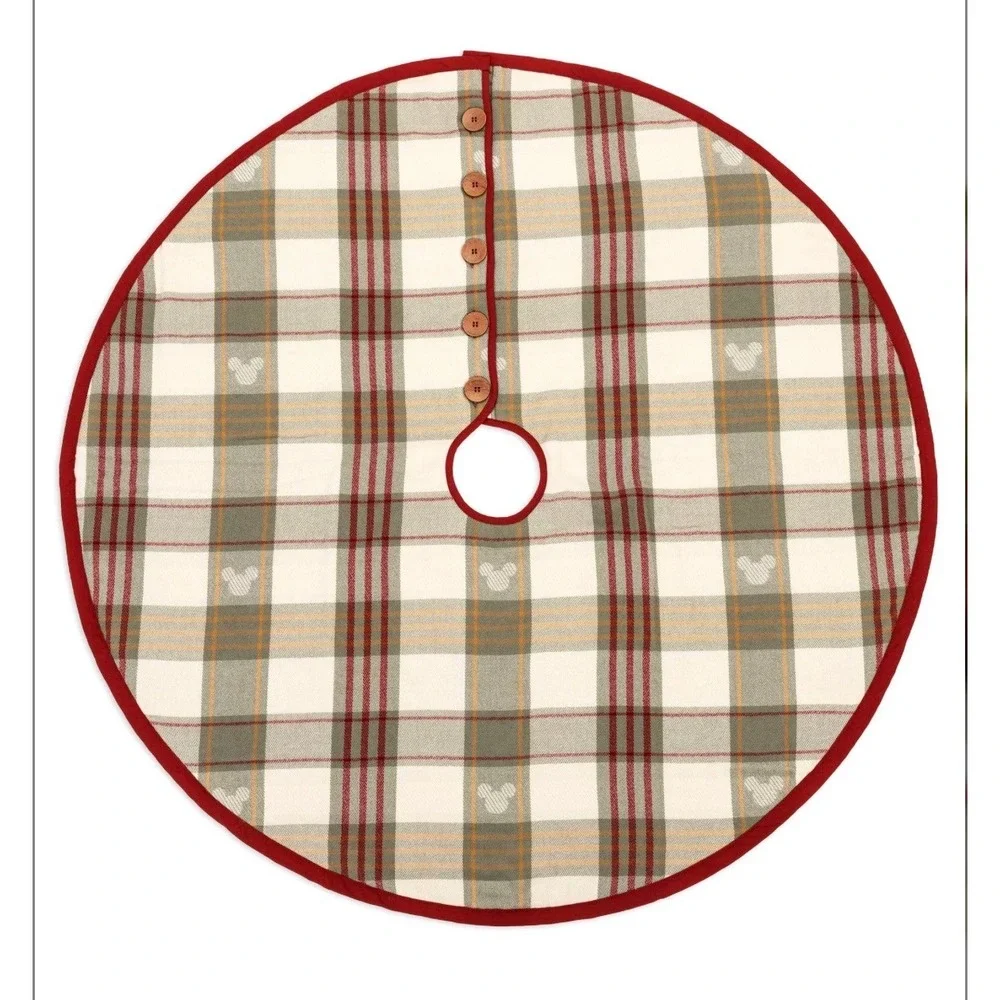 Disney Mickey Mouse Plaid Quilted Christmas Tree Skirt‎ Red Gray 52 Inch Button